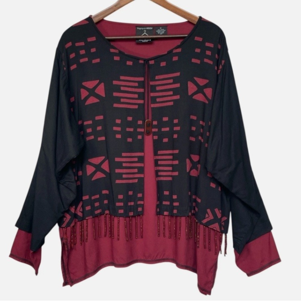 Anthony Mark Hankins Black Tribal Print Beaded Fringe Layered Top 1X